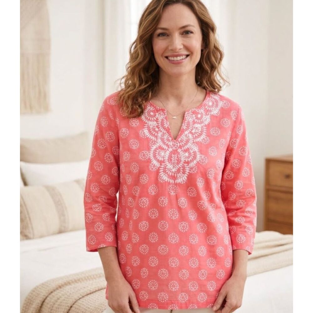 Talbots Embroidered Beaded Y2K Floral Print Tunic Top Women's Size Large